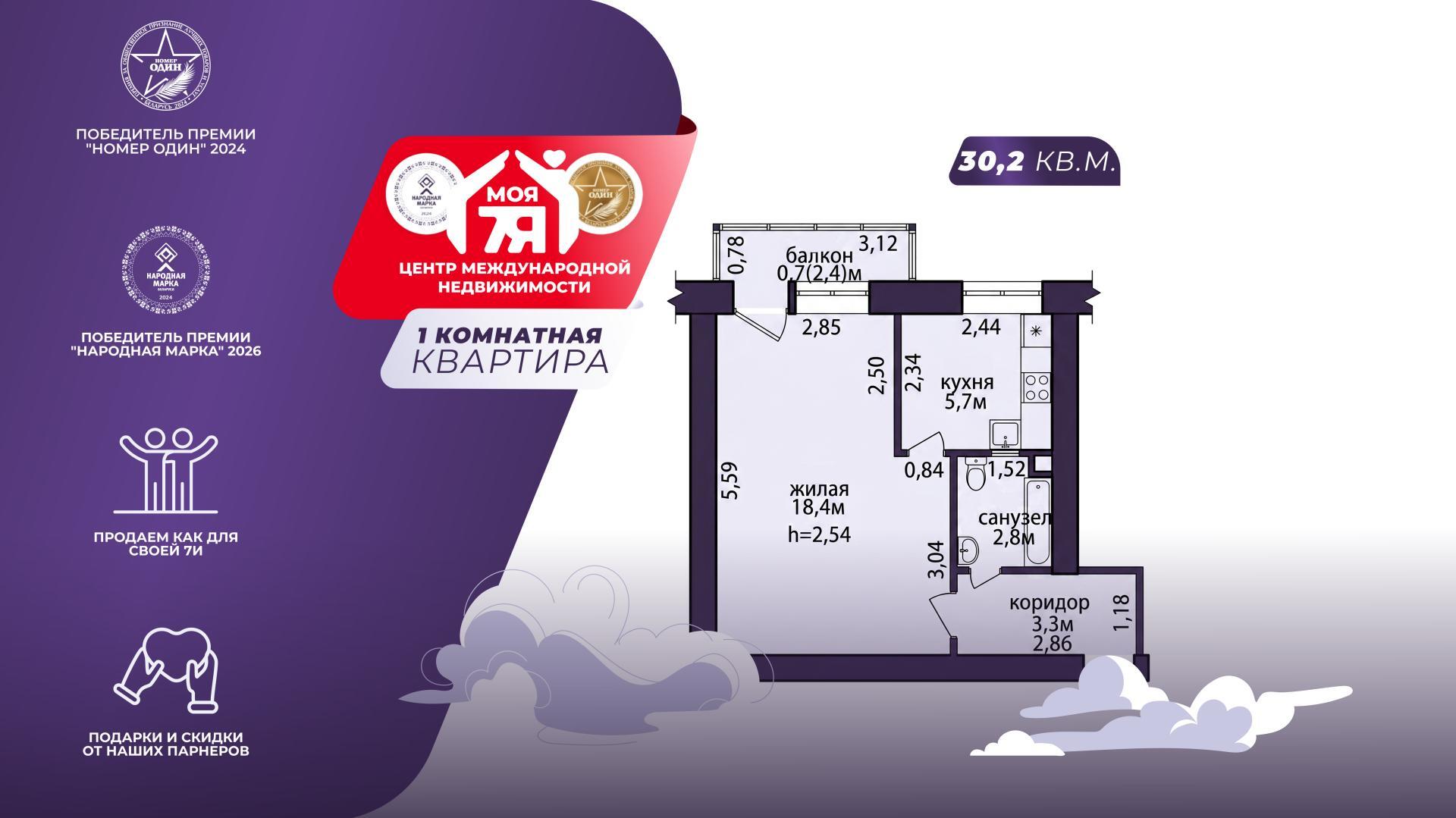 1 room apartment 30 m² Sluck, Belarus