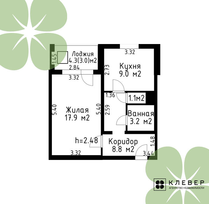  43м.кв., комнат 1