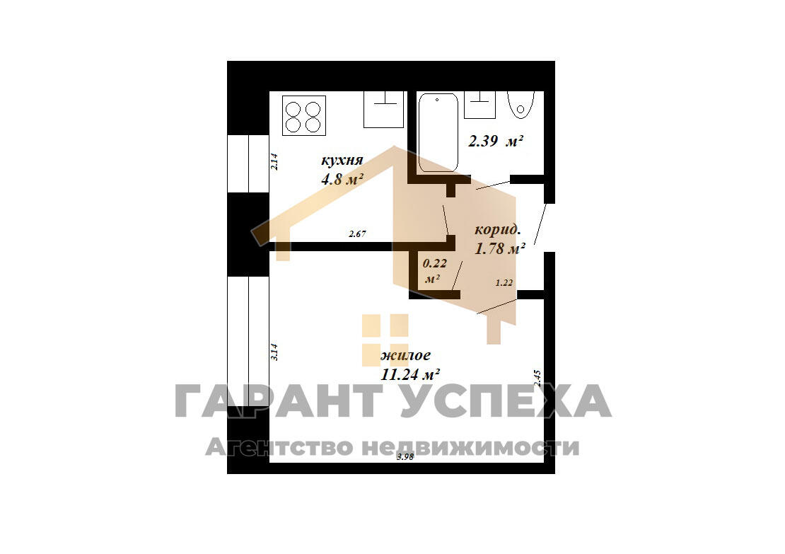 1 room apartment 20 m² Muchaviecki sielski Saviet, Belarus