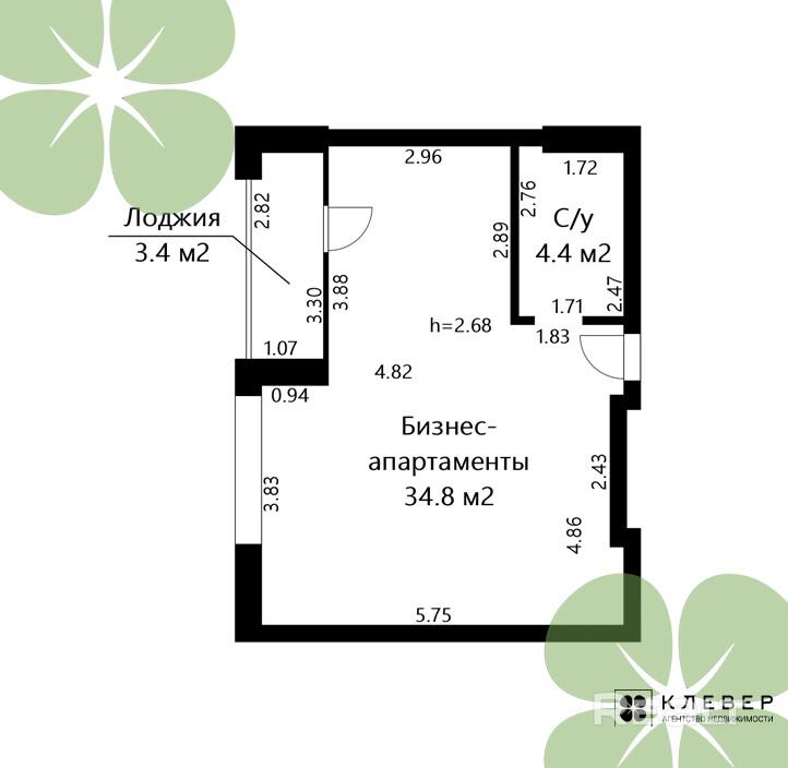  42.6м.кв., комнат 1
